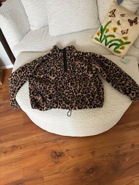 No Boundaries Leopard Sherpa Half-Zip Pullover - Brown/Black